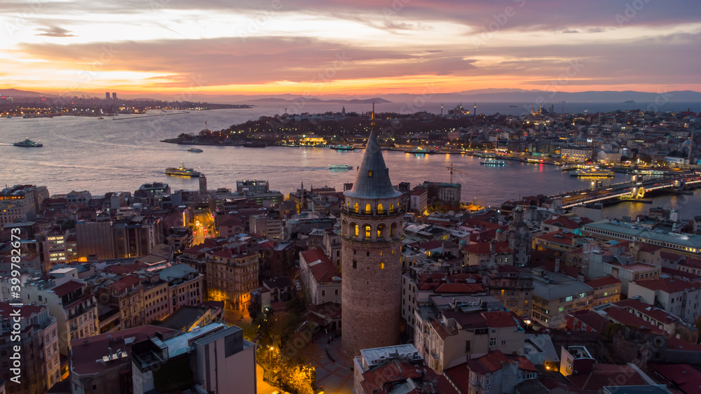 Turkey's largest city at dawn. Aerial view of Galata tower in Istanbul, Turkie. European part of the city.