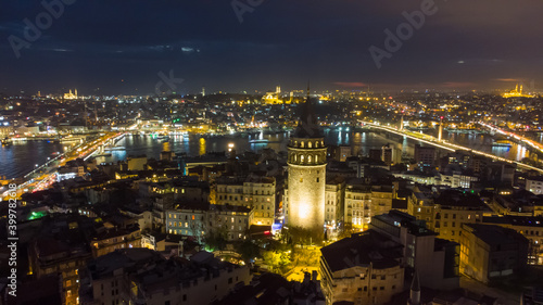 Turkey s largest city at dawn. Aerial view of Galata tower in Istanbul  Turkie. European part of the city.