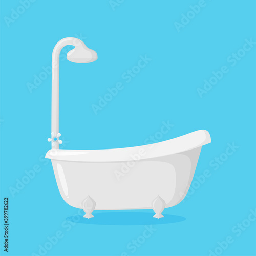 Bathtub with shower equipment. Clawfoot tub isolated in blue background. Vector illustration in cartoon style
