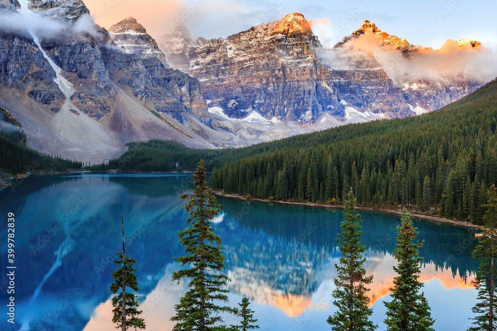 Sunrise at the Moraine Lake in the Banff National Park of Canada, Alberta
