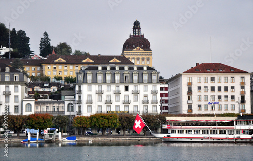 Lake Lucerne with a backdrop of striking buildings.