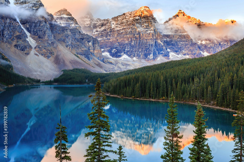 Sunrise at the Moraine Lake in the Banff National Park of Canada, Alberta