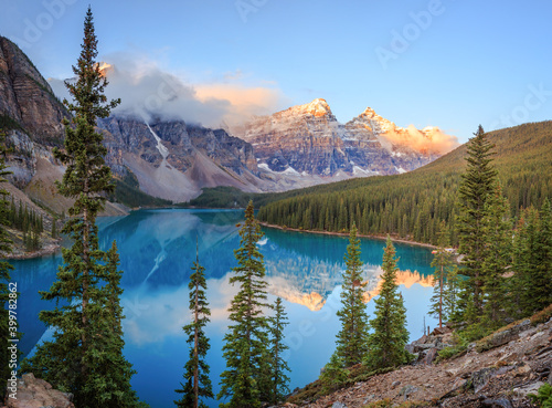 Sunrise at the Moraine Lake in the Banff National Park of Canada  Alberta