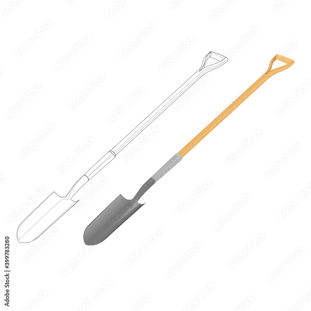 Naklejka premium Vector illustration of shovel.A tool with a long handle and a broad blade with curved edges, used for moving earth, snow, sand.