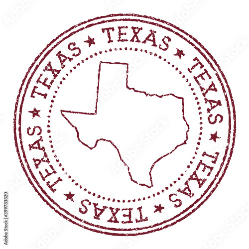Texas round rubber stamp with US state map. Vintage red passport stamp with circular text and stars, vector illustration.