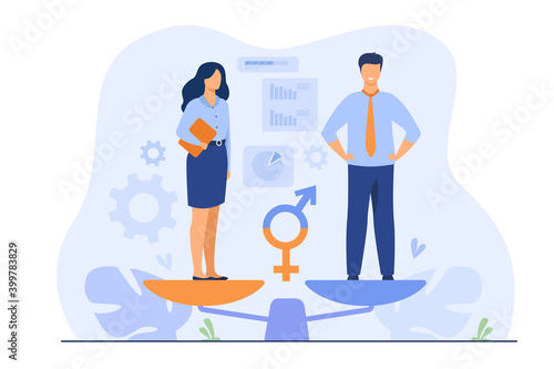 Gender equality concept. Equal business man and woman on balance scale. Male and female employees with equal career opportunities. Workforce without gender discrimination