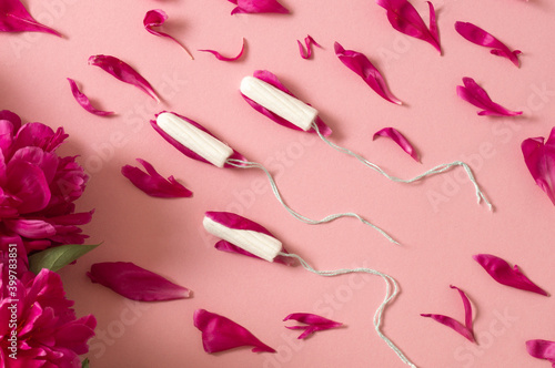 Tampons. Menstruation period concept. Hygienic white tampon for women. Menstruation, protection.  photo