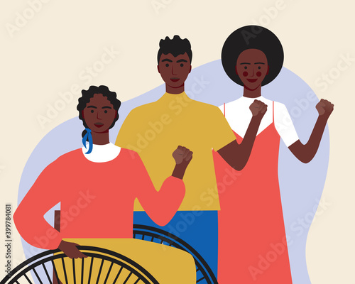Afro people isolated as african community concept, flat vector stock illustration with men and women, disabled person in wheelchair