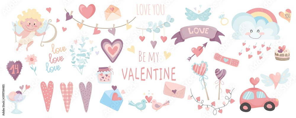 Big set of Valentine's day hand drawn vector illustration. Valentine's Day sticker kit