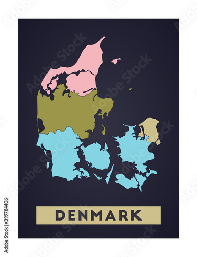 Denmark map. Country poster with regions. Shape of Denmark with country name. Trendy vector illustration.