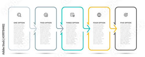 Business infographic thin line process with vertical rectangle template design with icons and 5 options or steps. Vector illustration.