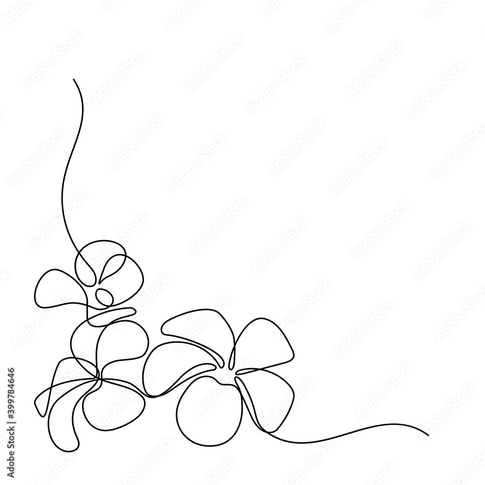 Plumeria flowers in continuous line art drawing style. Corner border  with fragrant tropical plumeria (frangipani, jasmine) flowers. Minimalist black linear sketch isolated on white background