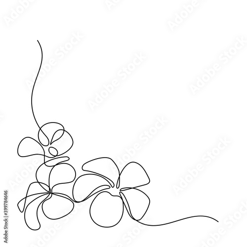 Plumeria flowers in continuous line art drawing style. Corner border  with fragrant tropical plumeria (frangipani, jasmine) flowers. Minimalist black linear sketch isolated on white background