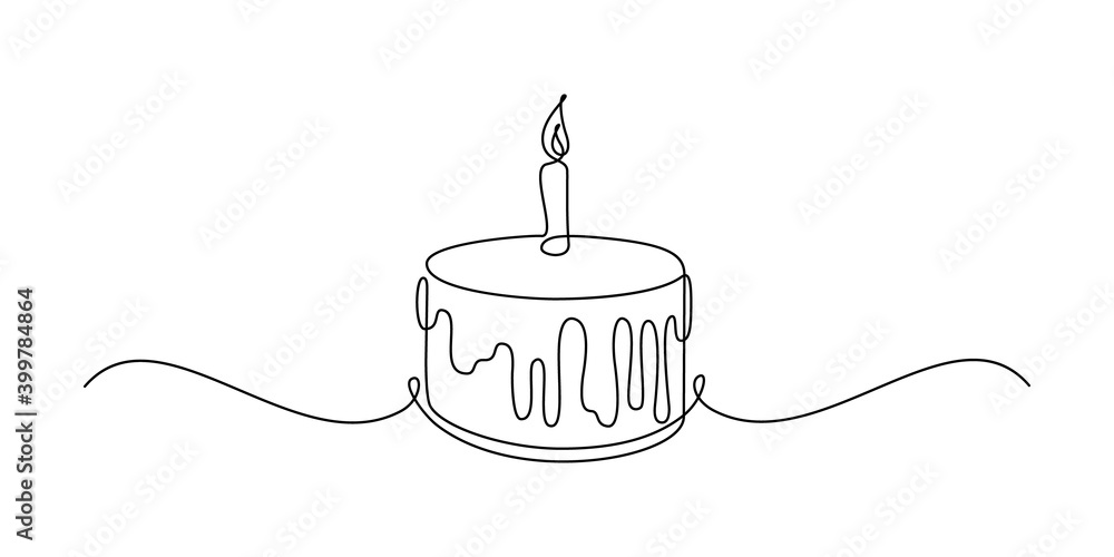 Birthday cake in continuous line art drawing style. Traditional birthday cake with candle on the
