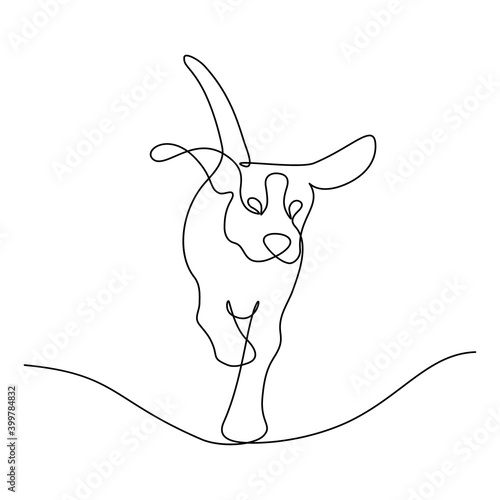 Running dog in continuous line art drawing style. Minimalist black linear sketch isolated on white background. Vector illustration