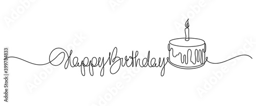 Happy Birthday handwritten lettering with traditional birthday cake. Continuous line drawing design. Vector illustration