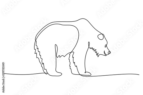 Bear in continuous line art drawing style. Side view of brown bear minimalist black linear sketch isolated on white background. Vector illustration