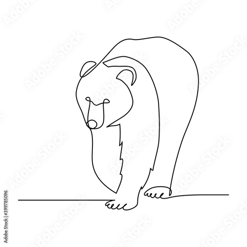 Bear in continuous line art drawing style. Front view of walking bear minimalist black linear sketch isolated on white background. Vector illustration
