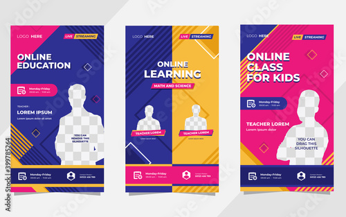 Set of social media stories post template for Online Education, Online class program, Courses and other E-Learning. with Memphis style and, Pink, Purple, Orange color background