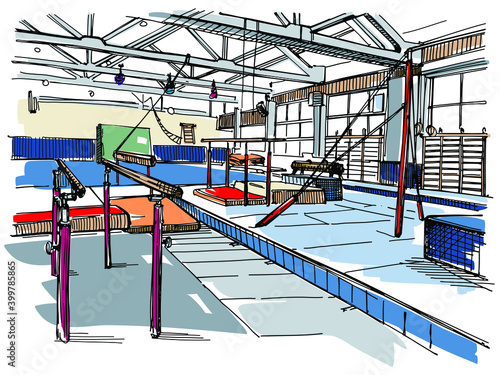 Artistic gymnastics hall - hand drawn sketch