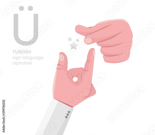 The letter 'Ü. Turkish handicapped hand alphabet letter Ü. Disabled hand. Hand tongue. Learning the alphabet, non-verbal deaf-dumb communication, expression gestures vector.