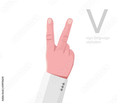 The letter 'V. Universal and Turkish handicapped hand alphabet letter V. Disabled hand. Hand tongue. Learning the alphabet, non-verbal deaf-dumb communication, expression gestures vector.