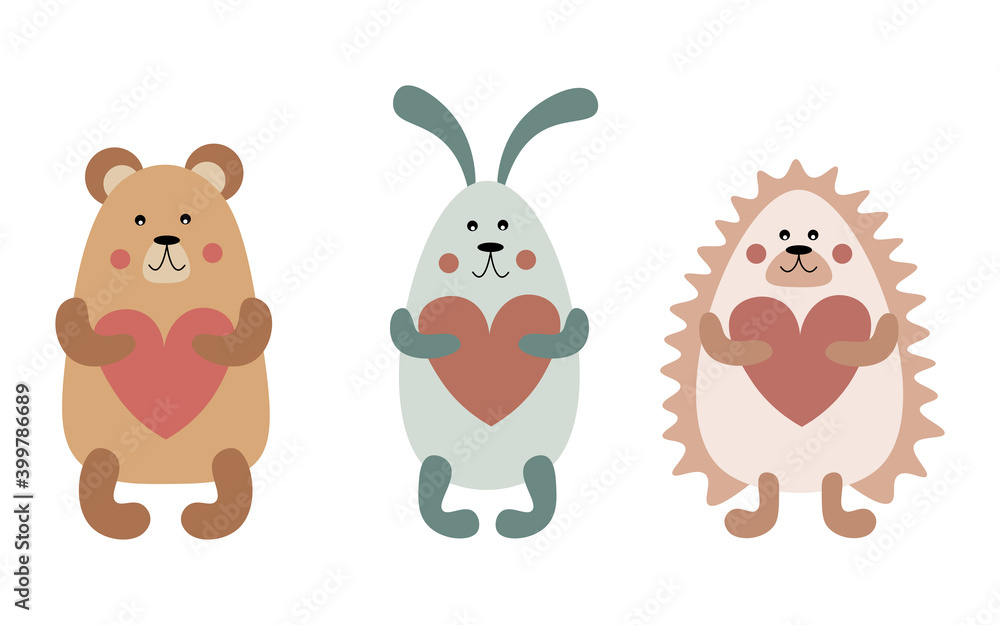 Woodland animals set in boho colors. Valentine's day. Baby shower. Baby bear, bunny and hedgehog hold hearts in their paws. 