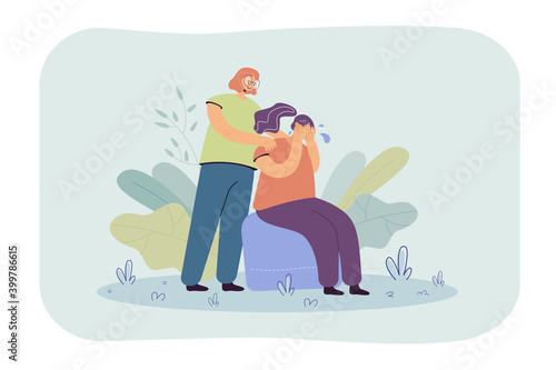 Woman comforting crying friend and touching her shoulders. Girl suffering from anxiety, loneliness, trying to cope with depression or loss. For support, empathy, compassion, stress concept