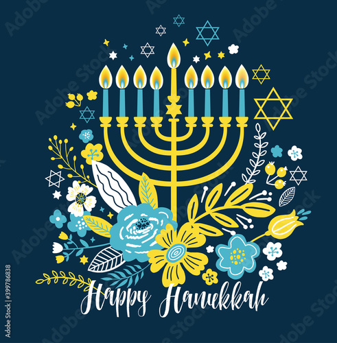 Jewish holiday Hanukkah greeting card traditional Chanukah symbols - menorah candles, star David, flowers illustration on blue. Lettering headline.