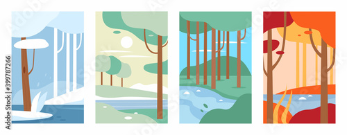 Minimalist nature forest landscape vector illustration set. Abstract natural scenery in vertical banners collection, summer winter spring autumn colorful trees by river, modern trendy simple design