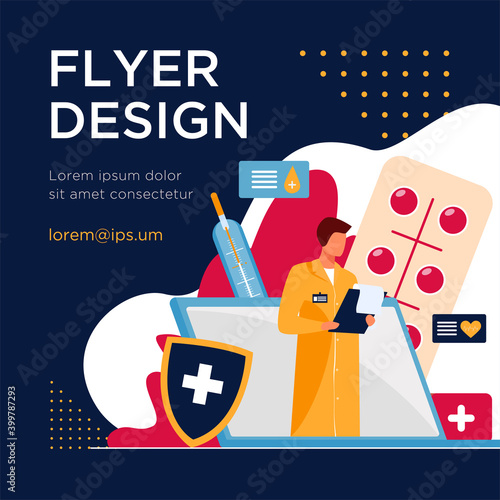 Doctor in laptop screen reading disease history. Computer, pill, therapist flat vector illustration. Medicine and healthcare concept for banner, website design or landing web page