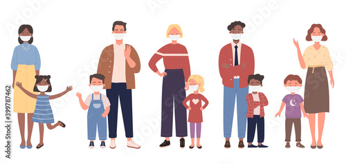 Parent people stand with children vector illustration set. Cartoon family characters standing together, mother, father and child wearing face medical mask to protect and care health isolated on white