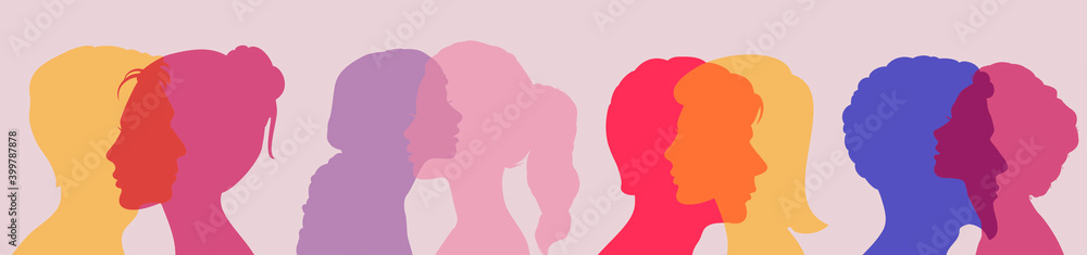 Diversity multi-ethnic and multiracial people. Silhouette profile group of men and women of diverse culture. Concept of racial equality and anti-racism. Multicultural society. Friendship