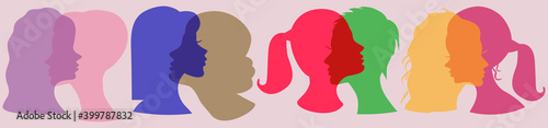 Diversity multi-ethnic and multiracial people. Silhouette profile group of men and women of diverse culture. Concept of racial equality and anti-racism. Multicultural society. Friendship