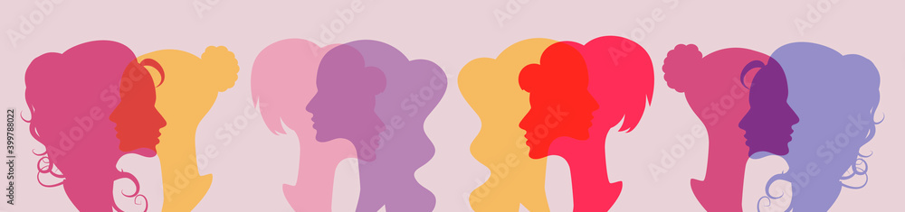 Silhouette group of multichannel women who talk and share ideas and information. Women social network community. Communication and friendship between women or girls of diverse cultures.