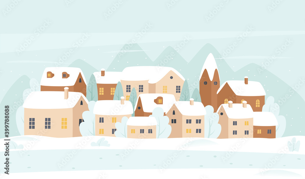 Winter village, snow Christmas town cutr cartoon landscape vector illustration