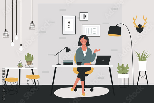 Woman freelancer working at home vector illustration. Cartoon happy young girl worker character sitting at table with laptop in hygge home apartment interior, daily freelance work concept background