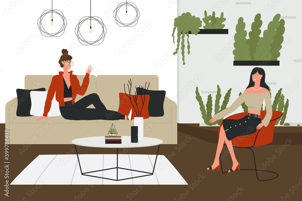 Fototapeta premium Friends girls conversation vector illustration. Cartoon young happy fashion woman characters sitting on sofa couch and in armchair of cozy home living room interior, talking, friendship communication