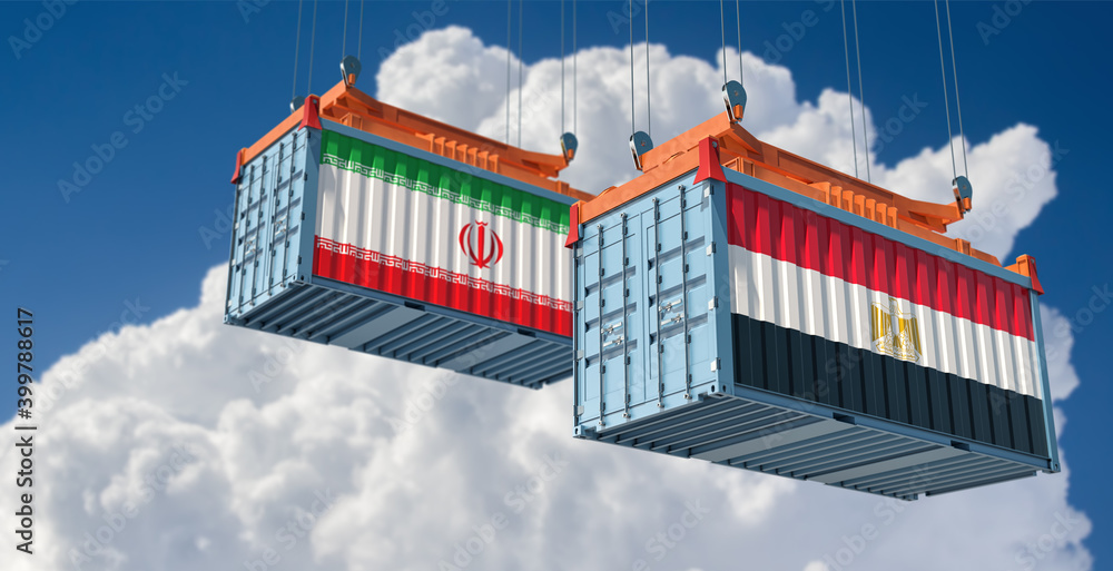 Freight containers with Egypt and Iran national flags. 3D Rendering 