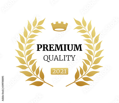 Premium Quality vintage badges logo with laurel. Isolated awards emblem. Luxurious congratulating template framed palms,  decorative branches vector illustration eps 10