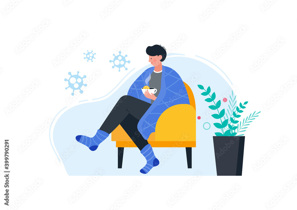 Sick man in warm clothes drinking hot tea with lemon. Sick man in warm clothes drinking hot tea with lemon.