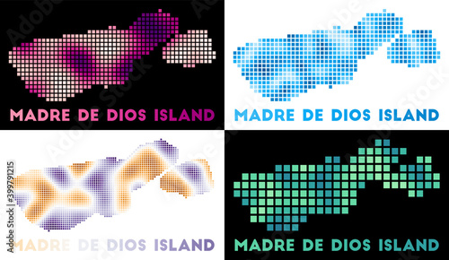 Madre de Dios Island map. Collection of maps of Madre de Dios Island in dotted style. Borders of the island filled with rectangles for your design. Vector illustration.
