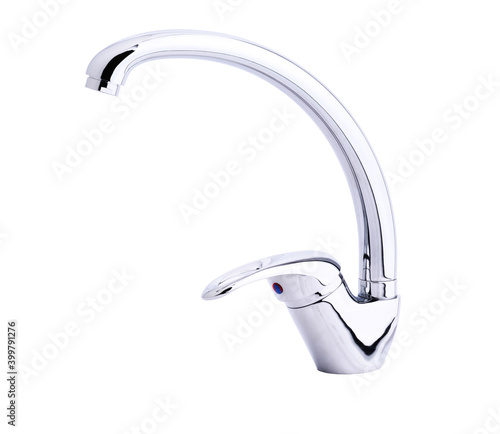 Modern stainless steel tap. Isolated on white background