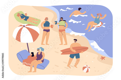 People enjoying various summer activities on beach, swimming, surfing, sitting under umbrella. Tourists relaxing at sea. Vector illustration for vacation, leisure on ocean coast concept