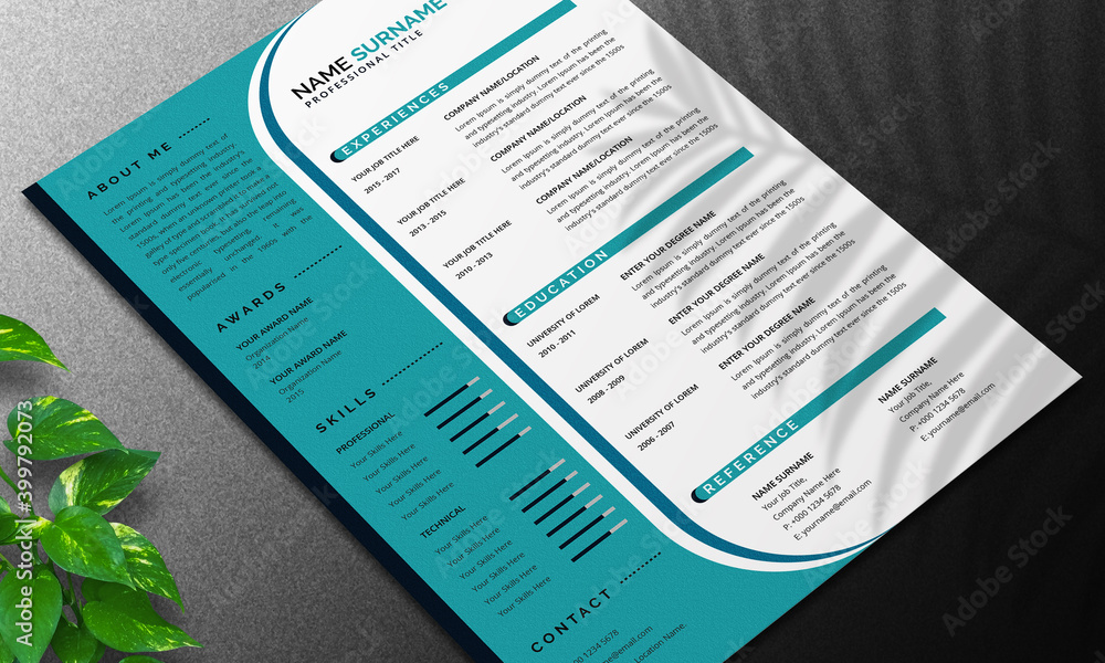Professional Resume CV Template and Cover Letter Layout with Blue ...
