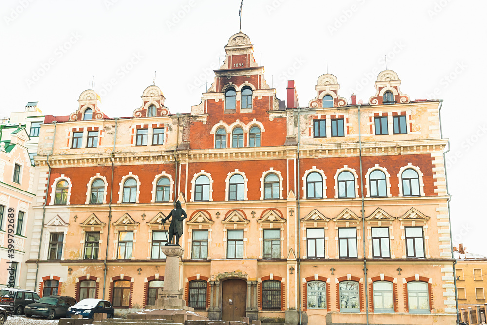 Vyborg Russian Federation 01/05/2017. Vyborg Town Hall in the city center with a monument to Torgils Knutsson