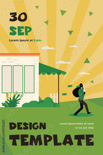 Man breaking into house and robbing it. Burglar, money. Flat vector illustration. Criminal concept can be used for presentations, banner, website design, landing web page