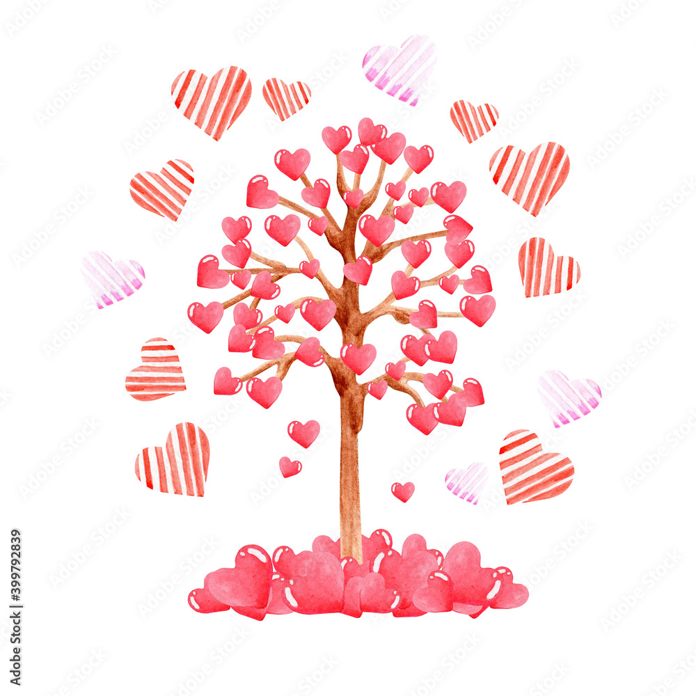 Fototapeta premium Romantic card for Valentine's Day, tree with red and pink hearts. Hand drawn watercolor illustration on white background