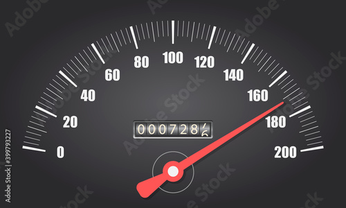 Speedometer on black background. Sport car odometer with motor miles measuring scale
 photo