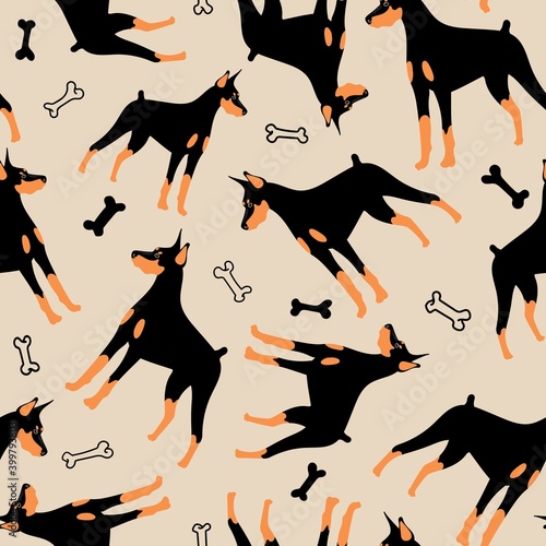 Vector seamless pattern with Doberman. Funny cartoon dog and bones foк fabric, background, textile, wallpaper.